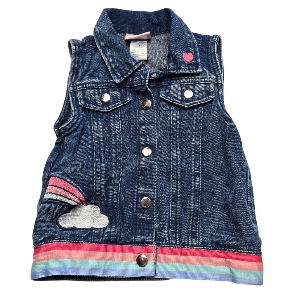 Little Lass Girls Denim Vest Rainbow Heart Patch Blue Jean Jacket Size 6 Boho